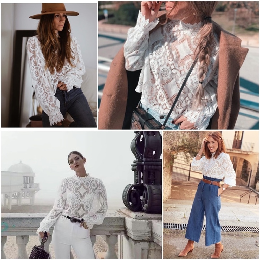 White Lace High Neck Long Sleeve Shirt - Picture 7 of 16